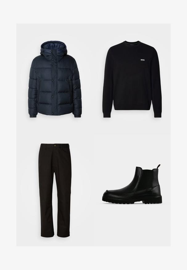 Marineblaue Steppjacke mit Kapuze, gestepptem Design, Frontreißverschluss und Druckknopfverschluss, zwei Seitentaschen und elastischen Bündchen.; Schwarzer langärmliger Rundhalsausschnitt-Pullover mit kleinem weißen "BOSS"-Logo auf der linken Brust, gerippten Bündchen und Saum, vor einem weißen Hintergrund präsentiert.; Schwarze Baumwollhosen mit geradem Schnitt, Gürtelschlaufen, einem Reißverschluss vorne und einem einzelnen Knopfverschluss. Glatte Textur ohne sichtbare Muster.; Schwarzer Lederknöchelstiefel mit strukturierter Sohle, elastischen Seitenteilen und Zuglasche vor einem hellgrauen Hintergrund.