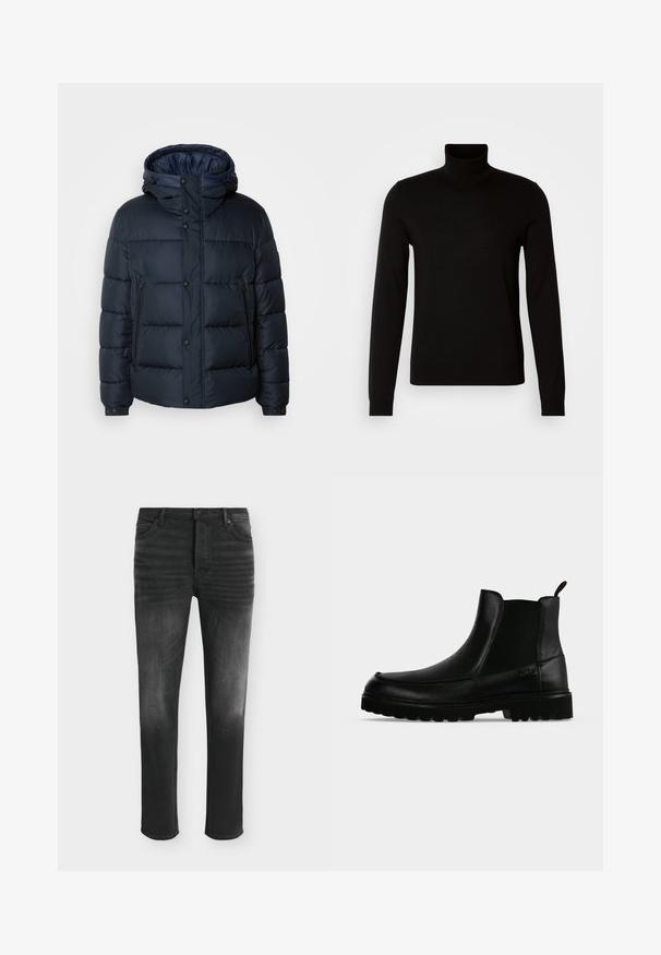 Marineblaue Steppjacke mit Kapuze, gestepptem Design, Frontreißverschluss und Druckknopfverschluss, zwei Seitentaschen und elastischen Bündchen.; Schwarzer Rollkragenpullover aus feiner Strickware, mit langen Ärmeln und taillierter Silhouette. Glatte Textur mit gerippten Bündchen.; Schwarze Skinny-Jeans mit ausgebleichten Details, Fünf-Taschen-Stil und Knopfverschluss in der Taille.; Schwarzer Lederknöchelstiefel mit strukturierter Sohle, elastischen Seitenteilen und Zuglasche vor einem hellgrauen Hintergrund.