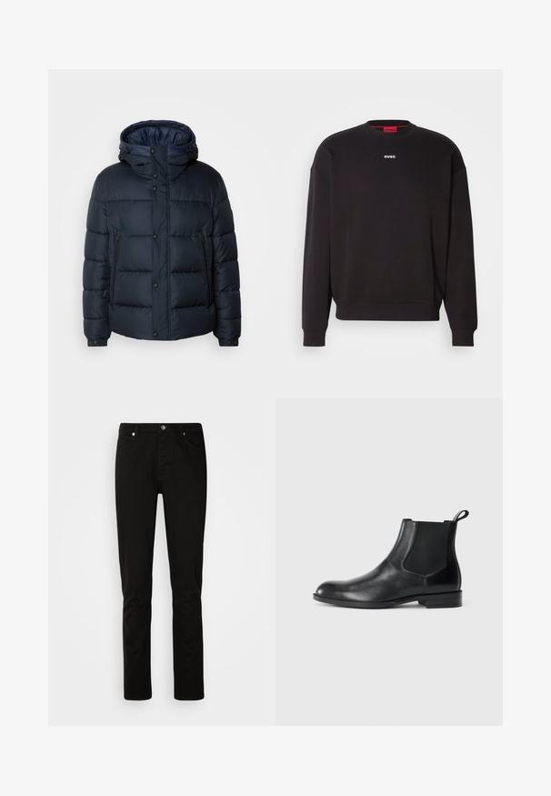 Veste matelassée marine avec capuche, design quilté, fermeture éclair et boutons-pressions à l'avant, deux poches latérales et poignets élastiques.; Sweatshirt noir en mélange de coton, avec un col rond, des épaules tombantes et un petit logo blanc "HUGO" sur la poitrine.; Jeans noirs à jambe droite avec fermeture devant par bouton et fermeture éclair, poches avant et arrière, présentés sur un fond clair uni.; Bottine en cuir noir avec des panneaux latéraux élastiques, bout rond et tirette. Texture lisse, semelle plate, design minimaliste.