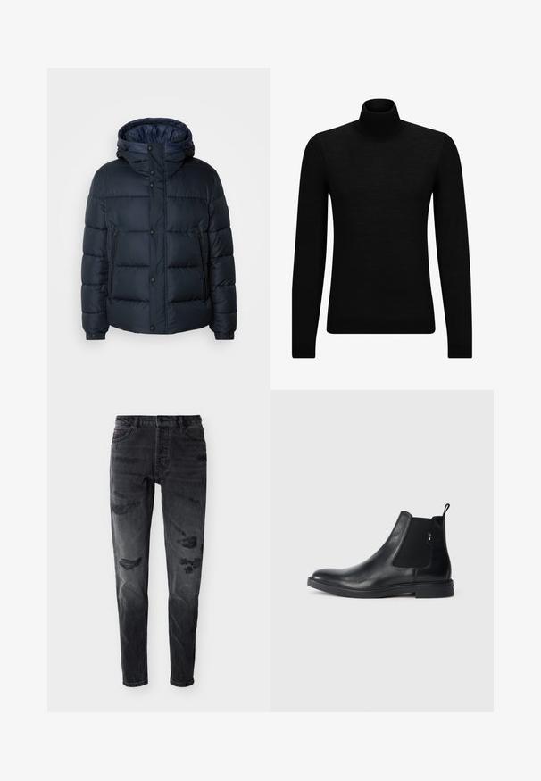 Marineblaue Steppjacke mit Kapuze, gestepptem Design, Frontreißverschluss und Druckknopfverschluss, zwei Seitentaschen und elastischen Bündchen.; Schwarzer Rollkragenpullover aus weichem Material mit langen Ärmeln und enger Passform. Rippbesatz am Saum und an den Bündchen. Einfaches Design.; Schwarze, slim-fit Jeans mit Used-Look, vorne mit Knöpfen, Gürtelschlaufen und abgenutzten Stellen an Oberschenkeln und Knien vor weißem Hintergrund.; Schwarze Leder Chelsea-Boots mit elastischen seitlichen Einsätzen, einer Zugschlaufe und einer flachen Gummisohle. Glatte Textur mit minimaler Ausgestaltung.