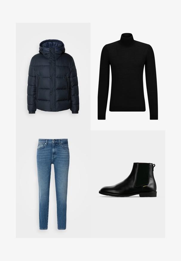 Veste matelassée marine avec capuche, design quilté, fermeture éclair et boutons-pressions à l'avant, deux poches latérales et poignets élastiques.; Pull à col roulé noir en matériau doux, avec des manches longues et une coupe ajustée. Finition côtelée au bas et aux poignets. Design simple.; Jeans en denim bleu clair avec une coupe droite, design traditionnel à cinq poches, fermeture par bouton en métal et décoloration subtile à l'avant.; Bottine en cuir noir avec panneau latéral élastique, talon bas, languette à l'arrière et petit logo doré "HUGO" sur le côté extérieur.