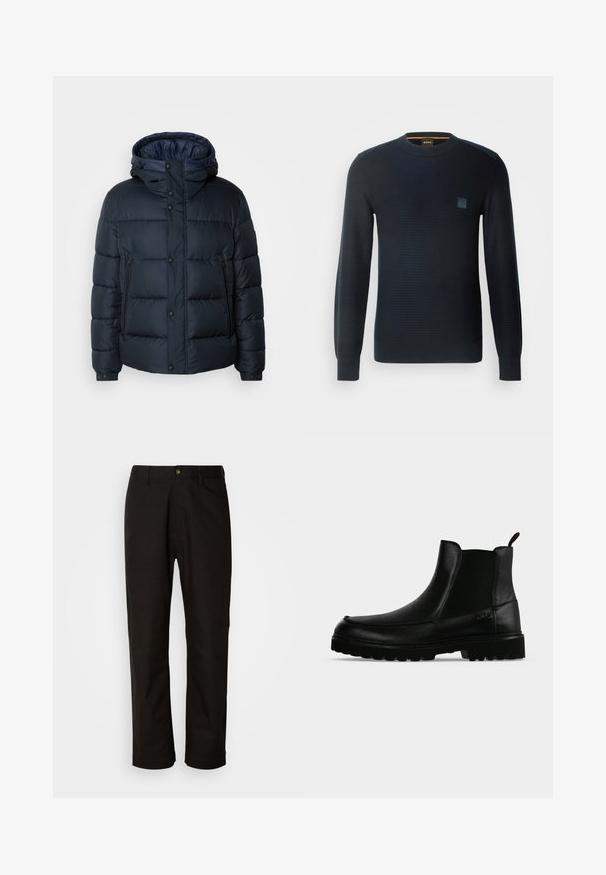 Veste matelassée marine avec capuche, design quilté, fermeture éclair et boutons-pressions à l'avant, deux poches latérales et poignets élastiques.; Pull en tricot bleu marine à manches longues, col rond, tissu texturé et un petit logo brodé sur la poitrine.; Pantalon en coton noir avec une coupe droite, des passants de ceinture, une fermeture éclair à l'avant et un seul bouton. Texture lisse sans motifs visibles.; Bottine noire en cuir avec semelle texturée, panneaux latéraux élastiques et languette de tirage sur fond gris clair.