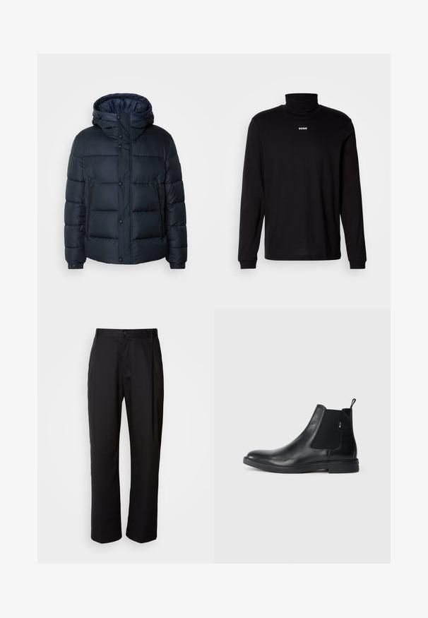 Marineblaue Steppjacke mit Kapuze, gestepptem Design, Frontreißverschluss und Druckknopfverschluss, zwei Seitentaschen und elastischen Bündchen.; Schwarzes Langarm-Turtleneck-Shirt aus glattem Stoff, mit einem weißen "HUGO"-Logo auf der Brust, eng anliegend an den Bündchen und dem Saum.; Schwarze Hosen mit geradem Schnitt, aus leichtem Stoff gefertigt. Verfügt über einen vorderen Knopfverschluss und zwei seitliche Taschen; glatte Textur.; Schwarze Leder Chelsea-Boots mit elastischen seitlichen Einsätzen, einer Zugschlaufe und einer flachen Gummisohle. Glatte Textur mit minimaler Ausgestaltung.
