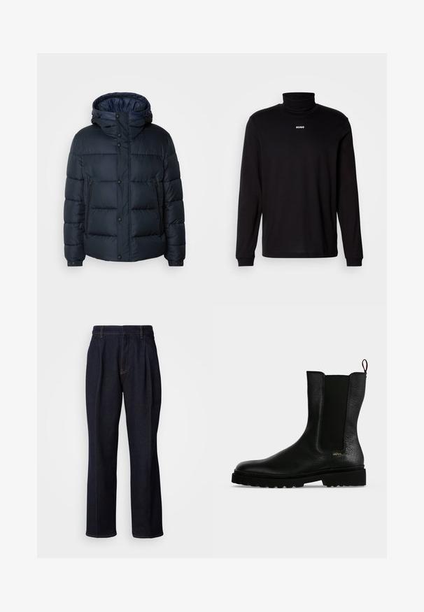 Marine blauwe pufferjack met een capuchon, doorgestikt ontwerp, voorrits en drukknoopsluiting, twee zijzakken en elastische manchetten.; Zwarte turtleneckshirt met lange mouwen, gemaakt van soepel materiaal, met een witte "HUGO" logo op de borst, en met aansluitende manchetten en zoom.; Donkerblauwe denim jeans met wijde pijpen, inclusief voorplooien en oranje stiksels, weergegeven op een witte achtergrond.; Zwarte leren enkellaars met elastisch zijpaneel, dikke zool en treklus aan de achterkant, met een klein gouden "Hugo" logo vlak bij de hiel.