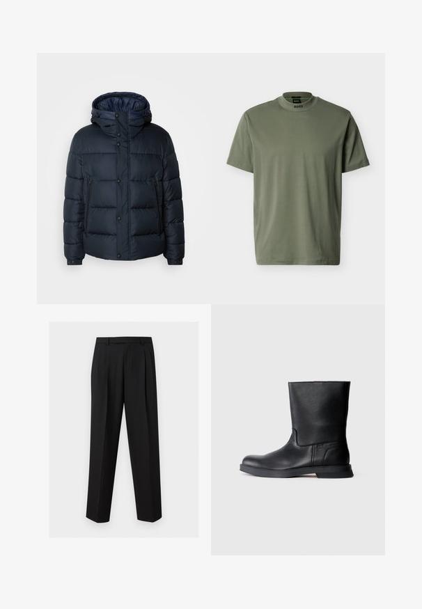 Navy puffer jacket with hood, quilted design, front zip and snap closures, two side pockets, and elasticized cuffs.; Oliivinvihreä t-paita, jossa on pyöreä pääntie, lyhyet hihat ja sileä kangas. Kauluksessa on "BOSS"-brändäys.; Mustat räätälöidyt housut, joissa suorat lahkeet, vyötäröllä laskokset, vyölenkit ja sivutaskujen viillot, esitetty yksinkertaisella taustalla.; Mustan nahka-avokkaat, joissa on rakenteellinen pinta, pyöreä kärki ja matala kumipohja. Yksinkertainen muotoilu ilman näkyvää metalliosaa tai koristeita.
