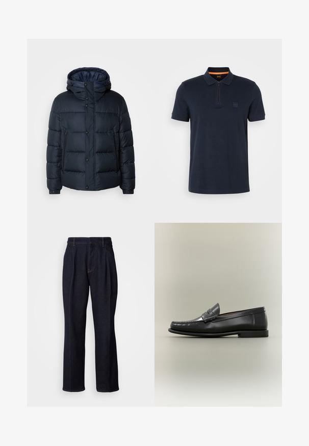 Navy puffer jacket with hood, quilted design, front zip and snap closures, two side pockets, and elasticized cuffs.; Laivastonsininen poolopaita, jossa on vetoketjukuva, pieni logopatch rinnan kohdalla ja lyhyet hihat. Puuvillasekoite, jossa on sileä pinta.; Tummansiniset leveät farkut etupitseillä ja oranssilla ompelulla, esitetty valkoista taustaa vasten.; Miesten musta nahkainen loafer, jossa on moc-toe-muotoilu, penny-hihna ja matala korko neutraalilla taustalla.