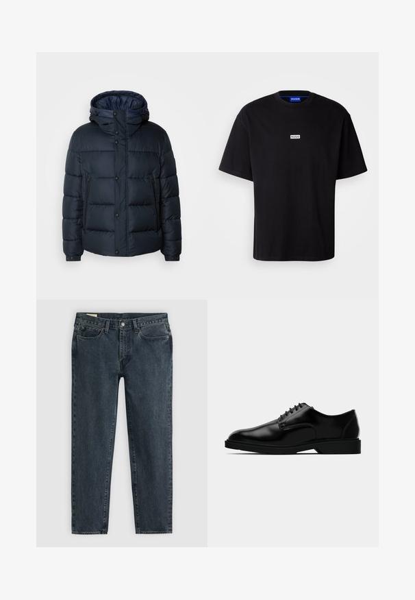 Marine blauwe pufferjack met een capuchon, doorgestikt ontwerp, voorrits en drukknoopsluiting, twee zijzakken en elastische manchetten.; Zwarte katoenen t-shirt met een ronde hals, korte mouwen en een witte rechthoekige "HUGO" logo op de borst. Gladde textuur, relaxte pasvorm.; Donkerblauwe denim jeans met een rechte pasvorm, vijf zakken en een knoopsluiting. Subtiele vervaging voegt textuur toe aan de stof.; Zwarte leren dresschoenen met een gladde afwerking, ronde neus, vetersluiting en een bescheiden rubberen zool voor grip.