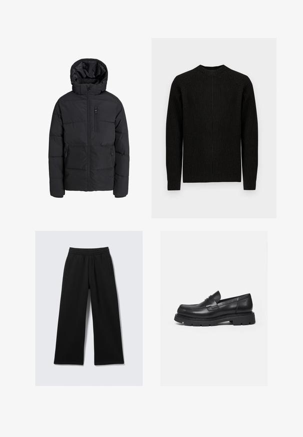 Veste d'hiver matelassée noire avec capuche, fermeture éclair frontale, fermeture éclair sur la poche poitrine et deux poches latérales zippées sur fond uni.; Pull noir à côtes avec manches longues et col rond, présenté à plat sur un fond blanc uni.; Pantalon noir à jambes larges avec une taille élastique, deux poches latérales et une texture lisse. Conçu pour le confort et la liberté de mouvement.; Mocassin en cuir noir avec semelle épaisse crantée et détail de bride penny, présenté en profil droit sur fond blanc.