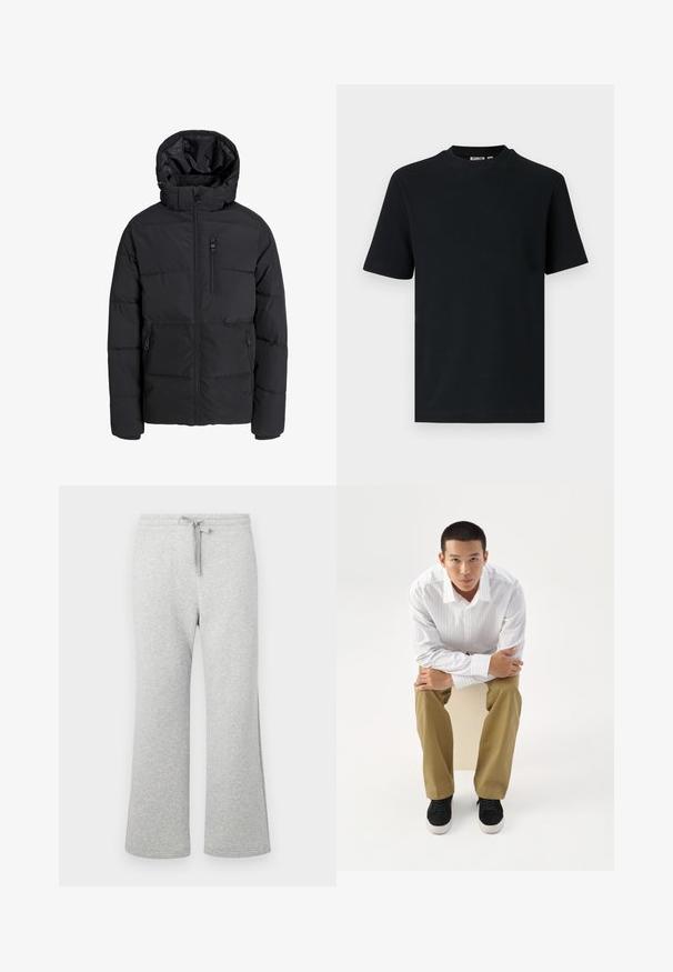 Veste d'hiver matelassée noire avec capuche, fermeture éclair frontale, fermeture éclair sur la poche poitrine et deux poches latérales zippées sur fond uni.; T-shirt noir à manches courtes en maille côtelée avec col rond et une petite étiquette visible à l'intérieur du col.; Pantalons de survêtement en mélange de coton gris clair avec jambes droites, taille élastique, cordon de serrage et poches latérales, présentés à plat sur un fond blanc.; Jeune homme en chemise blanche rayée et pantalon kaki assis penché en avant sur un tabouret, bras croisés, regardant droit devant sur un fond blanc.