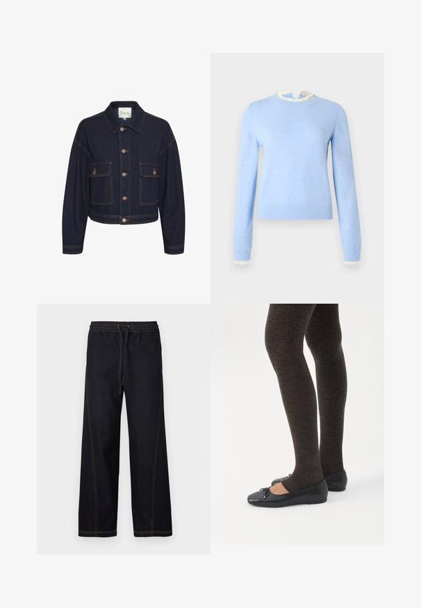 Mørkeblå denimjakke med krave, knaplukning og to forlommer. Har kontrastsyninger og en cropped design.; Lyseblå sweater lavet af blødt stof med en flæset hvid halsudskæring og manchetter, lange ærmer og en figursyet pasform.; Mørke denimbukser med vidde ben med elastik i taljen og snøre, kontrasterende orange syninger samt lige og rene linjer.; Ben iført mørke ribbede leggings kombineret med sorte balletsko med små sløjfedetaljer på hvid baggrund.