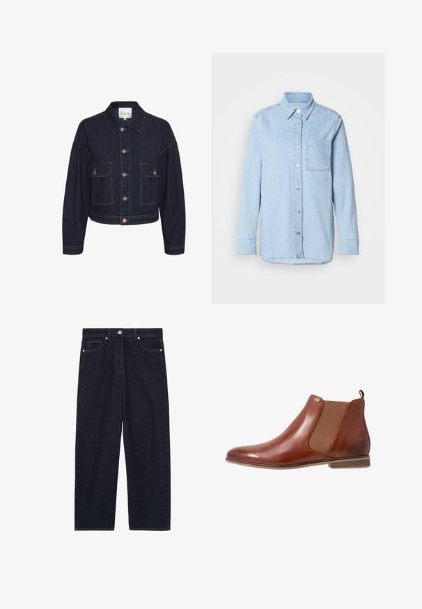 Mørkeblå denimjakke med krave, knaplukning og to forlommer. Har kontrastsyninger og en cropped design.; Lyseblå denimskjorte med knaplukning foran, spids krave, enkelt brystlomme og lange ærmer med knapmanchetter.; Mørkeblå straight-leg denim jeans med frontknap, lynlås og fem-lomme design.; Brune læder Chelsea støvle med elastiske sidepaneler, rund tå og en lille hæl. Glat tekstur med en trækflap bagpå.