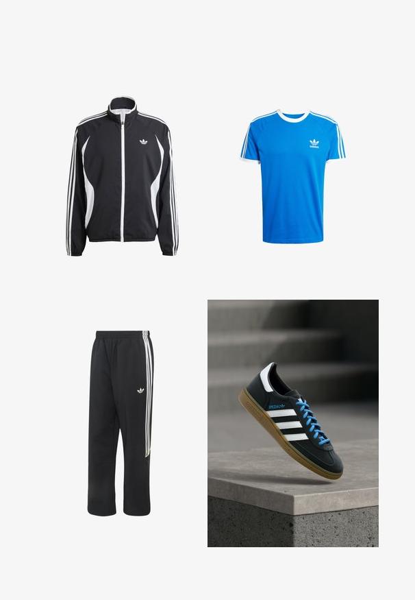 Sort zip-jakke med hvide detaljer, der har tre hvide striber langs hver ærme og et lille hvidt logo på brystet. Letvægtsmateriale.; Blå bomulds t-shirt med hvid ribbet rund hals og ærmesømme. Har klassiske tre hvide striber langs skuldrene; lille logo på brystet.; Sorte Adidas træningsbukser med hvide tre striber på siderne og et lille hvidt Adidas-logo på det øverste venstre lår.; Sort Adidas sneaker med hvide striber, blå snørebånd og gummisål, der svæver over gråt betontrin i blødt lys.