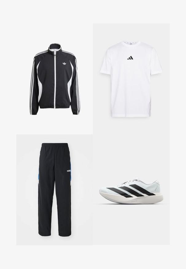 Schwarze Zip-Jacke mit weißen Akzenten, featuring drei weiße Streifen entlang jedes Ärmels und einem kleinen weißen Logo auf der Brust. Leichter Stoff.; Weißes Baumwoll-T-Shirt mit einem kleinen schwarzen dreieckigen Logo auf der Brust, kurzen Ärmeln und rundem Ausschnitt. Einfaches und klassisches Design.; Schwarze Sporthose mit elastischem Bund, ausgestattet mit blauen und weißen grafischen Akzenten an den Seiten und einem gestickten Logo.; Weißer Laufschuh mit drei großen schwarzen Streifen an der Seite und einer dicken, gebogenen Sohle mit der Aufschrift Lightstrike Pro.