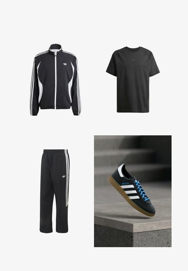 Sort zip-jakke med hvide detaljer, der har tre hvide striber langs hver ærme og et lille hvidt logo på brystet. Letvægtsmateriale.; Sort bomulds t-shirt med korte raglanærmer, der har et subtilt præget logo på brystet og en glat tekstur over hele. ; Sorte Adidas træningsbukser med hvide tre striber på siderne og et lille hvidt Adidas-logo på det øverste venstre lår.; Sort Adidas sneaker med hvide striber, blå snørebånd og gummisål, der svæver over gråt betontrin i blødt lys.