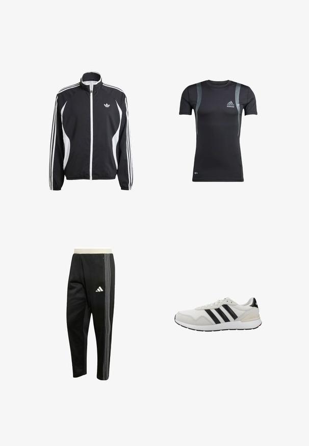 Schwarze Zip-Jacke mit weißen Akzenten, featuring drei weiße Streifen entlang jedes Ärmels und einem kleinen weißen Logo auf der Brust. Leichter Stoff.; Schwarzes, kurzärmeliges Sportshirt mit grauen Akzenten, aus dehnbarem Material. Mit Adidas-Logo auf der linken Brust und Techfit-Branding.; Schwarze Sporthose mit weißen dreifachen Streifen an der Seite, Reißverschlusstasche und einem weißen Adidas-Logo am Oberschenkel.; Weiße Sportschuhe mit schwarzen Streifen. Hergestellt aus Mesh und Wildleder, mit Gummisohle und gepolstertem Kragen für Komfort. Klassisches Design.