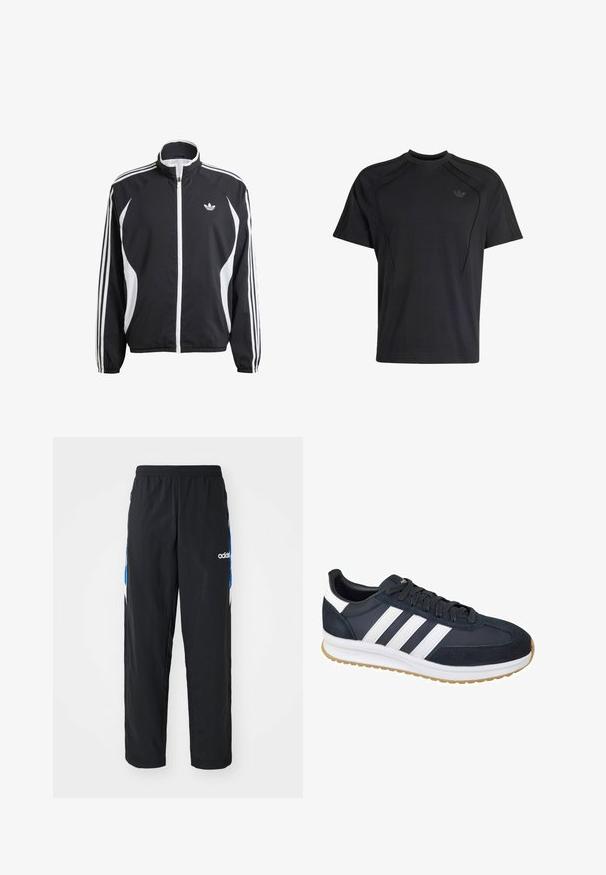 Sort zip-jakke med hvide detaljer, der har tre hvide striber langs hver ærme og et lille hvidt logo på brystet. Letvægtsmateriale.; Sort kortærmet Adidas T-shirt med rund hals, diskret mærkelogo på brystet og syninger langs skuldre og sider.; Sorte træningsbukser med elastisk talje, prydet med blå og hvide grafiske detaljer på siderne og et broderet logo.; Mørkeblå ruskind og stof sneakers med hvide striber, gummisål og sorte snørebånd. Har en rund tå og blødt foer.