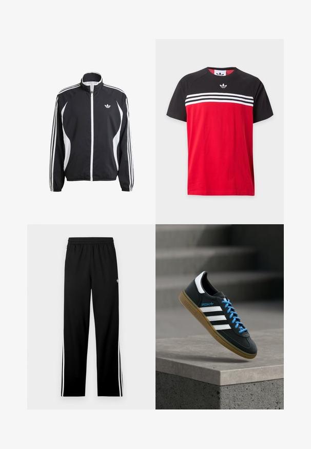 Schwarze Zip-Jacke mit weißen Akzenten, featuring drei weiße Streifen entlang jedes Ärmels und einem kleinen weißen Logo auf der Brust. Leichter Stoff.; Kurzärmeliges T-Shirt mit schwarzem Oberteil, rotem Unterteil, weißen dreifachen Streifen über der Brust und kleinem Adidas-Logo zentriert über den Streifen.; Schwarze Sporthose aus Mesh-Gewebe mit geradem Schnitt, elastischem Bund und weißen Seitenstreifen. Sportlogo sichtbar.; Schwarzer Adidas-Sneaker mit weißen Streifen, blauen Schnürsenkeln und Gummisohle, der über einer grauen Betontreppe im weichen Licht schwebt.