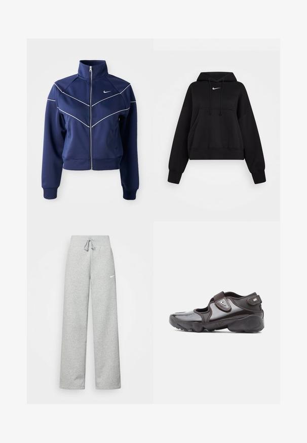 Marine blauwe ritsjack, gemaakt van gladde stof, met een hoge kraag, witte chevron-stiksels en zijzakken. Nike-logo op de borst.; Zwarte cropped hoodie van zachte stof, met een trekkoordcapuchon, een kangaroezak aan de voorkant en een klein wit Nike-logo op de borst.; Grijze sweatpants met een elastische tailleband, een trekkoord-detail en een klein wit Nike-logo op de linkerdij. Zachte stof, losvallend.; Donkerbruine sportschoen met glanzende afwerking, klittenbandsluiting, afgeronde neus en een getextureerde zool met dempende ontwerpelementen.