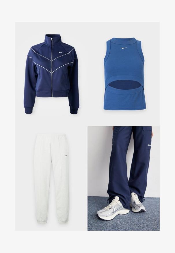 Tumesinine tõmblukuühendus, mis on valmistatud siledast kangast, sisaldab kõrget kraed, valget chevron-õmblust ja küljetaskut. Nike logo rindade peal.; Sinine varrukateta Nike lühike top kõrge kaelusega ja kõhu lõikega, soonikkoega, valge Swooshi logoga ees keskel.; Heledatad hallid Nike dressipüksid elastse vöökohaga, kitsenevate mansettidega ja väikese musta logoga vasakul reiel. Pehme, tekstuuriga kangas.; Nike spordijalatsid hõbedase võrkkanga ülaosaga, valgete aktsentidega ja tekstuuriga tallad, koos laia lõikega tumesiniste pükstega.