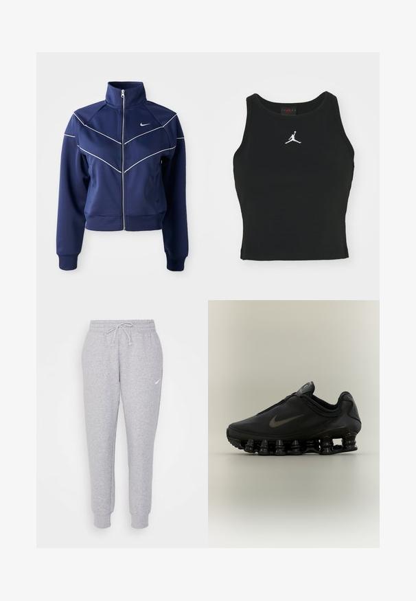 Marineblaue Zip-Jacke aus glattem Stoff mit hohem Kragen, weißen Chevron-Nähten und Seitentaschen. Nike-Logo auf der Brust.; Schwarzes, figurbetontes Tanktop aus Baumwolle, mit rundem Halsausschnitt und einem weißen Jordan-Logo, das in der Mitte auf der Vorderseite gestickt ist. Glatte Textur.; Hellgraue Sweatpants mit einem Kordelzug in der Taille, schmal zulaufenden Beinen und einem kleinen weißen Logo am linken Oberschenkel. Hergestellt aus einem weichen, strukturierten Stoff.; Schwarzer Nike-Sneaker mit einem Reißverschluss am Obermaterial und markanter federähnlich segmentierter Sohle, im Seitenprofil vor neutralem Hintergrund dargestellt.