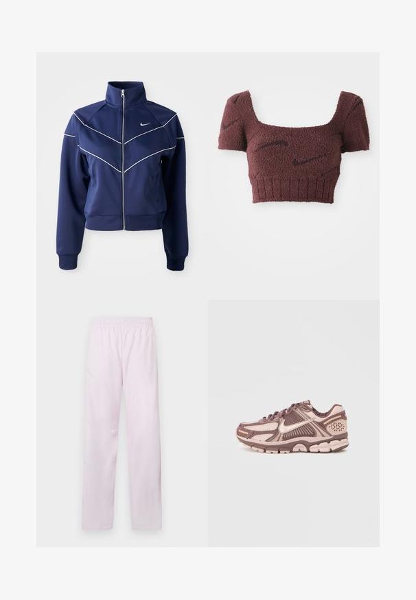 Marineblaue Zip-Jacke aus glattem Stoff mit hohem Kragen, weißen Chevron-Nähten und Seitentaschen. Nike-Logo auf der Brust.; Lila verkürztes Oberteil aus texturiertem Stoff, mit quadratischem Ausschnitt, kurzen Ärmeln und geripptem Saum, das dezente dunkle Muster aufweist.; Helle rosa Nike-Sporthose mit elastischem Bund, geradem Bein und dezentem weißen Nike-Swoosh-Logo am linken Oberschenkel.; Leichte Laufschuhe mit einem Obermaterial aus Mesh in Rosa- und Brauntönen, mit strukturierten Akzenten und einem gepolsterten Sohlen-Design.