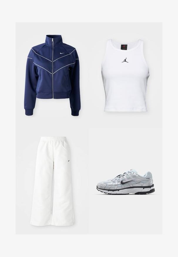 Tumesinine tõmblukuühendus, mis on valmistatud siledast kangast, sisaldab kõrget kraed, valget chevron-õmblust ja küljetaskut. Nike logo rindade peal.; Valge lühike puuvillane tank top ribakangast. Keskel on must Jordan'i logo ja klassikaline ümar kaelus.; Valged spordipüksid laia jalaga disainiga, elastse vöökohtaga ja väike must Nike logo vasakul küljel. Sile, kerge materjal.; Nike P-6000 tenniset heleda halli võrgust pealteega, mustade aktsentidega ja vastupidava musta kummist tallaga. Omab keerukat disaini ja paeltesüsteemi.
