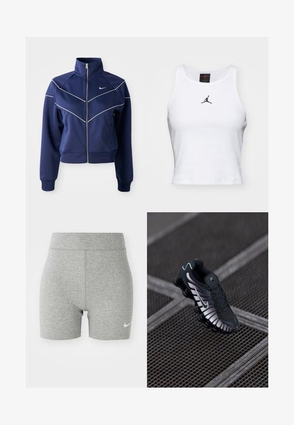 Marineblaue Zip-Jacke aus glattem Stoff mit hohem Kragen, weißen Chevron-Nähten und Seitentaschen. Nike-Logo auf der Brust.; Weißes Crop-Top aus Baumwolle mit geripptem Struktur. Verfügt über ein schwarzes Jordan-Logo in der Mitte und einen klassischen Rundhalsausschnitt.; Graue Sportshorts aus weichem Material, mit einem hohen Bund und einem kleinen weißen Nike-Logo auf der unteren linken Seite.; Schwarzer Sportschuh mit strukturiertem Mesh-Obermaterial, silbernen Akzenten, Fußgewölbeunterstützung und gepolsterter Sohle mit auffälligem segmentiertem Design.