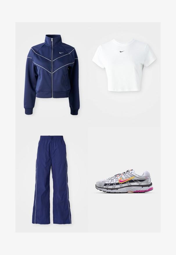 Chaqueta navy con cremallera hecha de una tela suave, presenta un collar alto, costuras en forma de chevrón blancas y bolsillos laterales. Logo de Nike en el pecho.; Camiseta corta blanca de algodón, con mangas cortas y cuello redondo, y un logo negro de Nike en el pecho.; Pantalones de pierna ancha, ligeros y de color azul marino, con cintura elástica y cordón, que cuentan con rayas blancas a los lados y una textura arrugada.; Zapatilla de running de malla gris con un distintivo swoosh en rosa y amarillo, acentos negros y una suela de goma texturizada. Cuenta con una puntera reforzada y un collar acolchado.