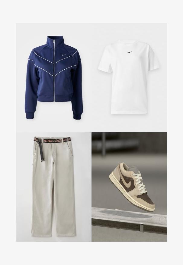 Marine blauwe ritsjack, gemaakt van gladde stof, met een hoge kraag, witte chevron-stiksels en zijzakken. Nike-logo op de borst.; Wit T-shirt met korte mouwen en een ronde hals, met een klein zwart Nike Swoosh-logo centraal vlakbij de kraag.; Lichtgrijze wijde broek met een zwarte riem met oranje vlampatronen. Gemaakt van katoen, met zijzakken en een ontspannen silhouet.; Beige en bruine sneaker met gestructureerd leer en suède, voorzien van een gewatteerde kraag, witte veters en een rubberen zool. Iconisch logo aan de zijkant.