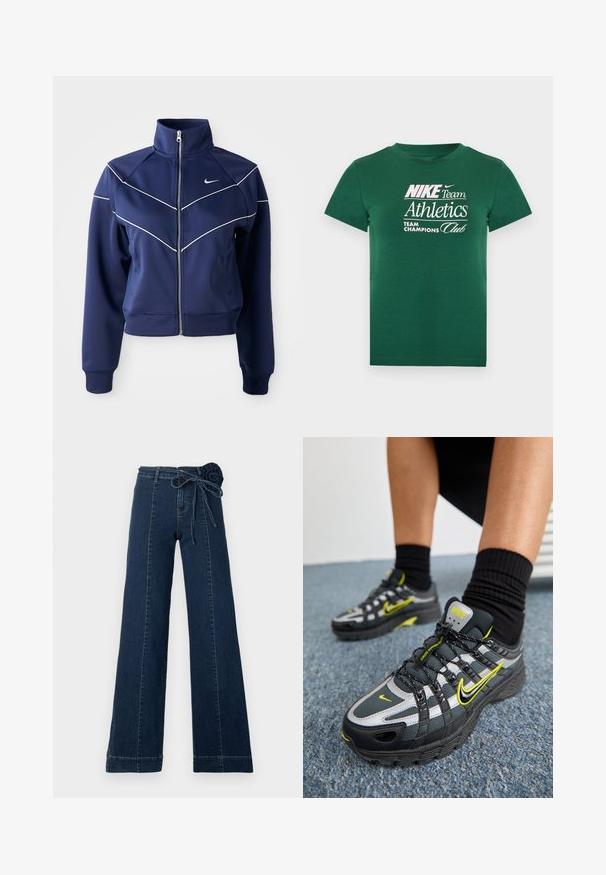 Tumesinine tõmblukuühendus, mis on valmistatud siledast kangast, sisaldab kõrget kraed, valget chevron-õmblust ja küljetaskut. Nike logo rindade peal.; Roheline lühikeste varrukatega T-särk valge tekstiga „Nike Team Athletics Team Champions Club“ ja väike Nike Swoosh logo rinnal.; Tumesinised laia säärega teksapüksid, millel on vöökohal dekoratiivne kangasroos ja seotud pael. Säärejoontel õmblustes detailid.; Mustad mustad ja hallid sportlikud kingad peegeldavate hõbedaste aktsentidega, tekstuuriga võrkpaneelid ja erksad kollased detailid. Sidumisdisain struktureeritud tallaga.