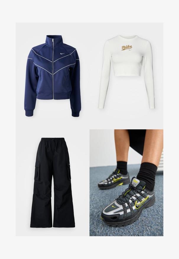 Chaqueta navy con cremallera hecha de una tela suave, presenta un collar alto, costuras en forma de chevrón blancas y bolsillos laterales. Logo de Nike en el pecho.; Crop top blanco de manga larga, hecho de una tela suave, que presenta un estampado del logo dorado de Nike en el pecho y un clásico escote redondo.; Pantalones cargo negros de pierna ancha, con cinturilla elástica, cordón ajustable y dos bolsillos laterales. Hechos de un tejido suave y ligero.; Zapatillas deportivas en negro y gris con acentos reflectantes plateados, paneles de malla texturizada y detalles en amarillo brillante. Diseño con cordones y suela estructurada.