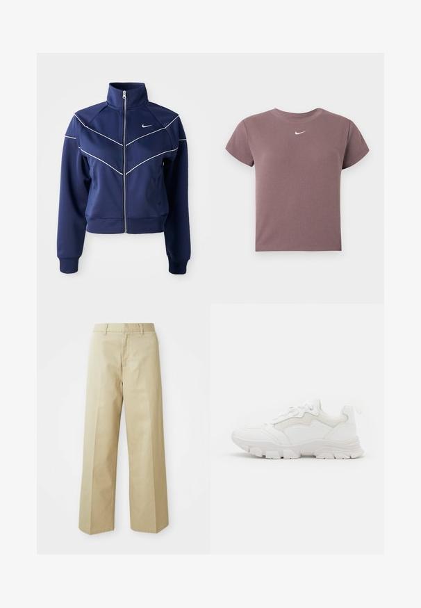 Tumesinine tõmblukuühendus, mis on valmistatud siledast kangast, sisaldab kõrget kraed, valget chevron-õmblust ja küljetaskut. Nike logo rindade peal.; Lillakas ribaga lühikeste varrukatega lühikene topp, millel on ümar kaelus ja väike valge Nike logo, mis on paigutatud kaeluse alla keskele.; Beezid laiad püksid, mis on valmistatud siledast puuvillast. Omavad sirget lõiget, vöökonnapanemeid ja esipocketeid.; NA-KD CONTRAST SOLE TREKKING - Tossud - white