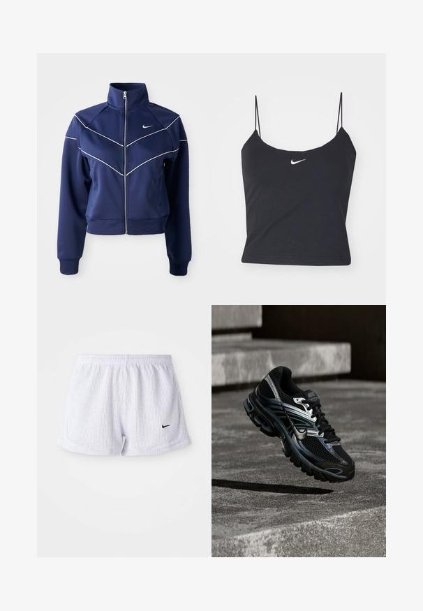 Chaqueta navy con cremallera hecha de una tela suave, presenta un collar alto, costuras en forma de chevrón blancas y bolsillos laterales. Logo de Nike en el pecho.; Top negro sin mangas con escote redondeado, tirantes finos y un logo de Nike blanco centrado. Hecho de un tejido suave, con un diseño ajustado.; Bermudas deportivas blancas con costillas, cinturilla elástica y pequeño logo negro de Nike en la parte inferior izquierda. Diseño simple y minimalista.; Zapatilla de running Nike negra y plateada flotando sobre escalones de hormigón, mostrando diseño detallado y suela texturizada en un entorno exterior.