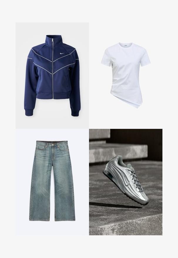 Marineblaue Zip-Jacke aus glattem Stoff mit hohem Kragen, weißen Chevron-Nähten und Seitentaschen. Nike-Logo auf der Brust.; Weißes T-Shirt mit kurzen Ärmeln und Rundhalsausschnitt, asymmetrischem Saum, leicht zerknittertem Stoff und einem Etikett innen am Kragen.; Blaue Jeans mit weitem Bein, Vordertaschen, Gürtelschlaufen, Knopfverschluss und dezenten Verwaschungseffekten an Oberschenkeln und Knien.; Silberner Nike-Sneaker mit strukturiertem Seitendesign und grauen Schnürsenkeln, der über Betontreppen in einer gedämpften Außenumgebung schwebt.