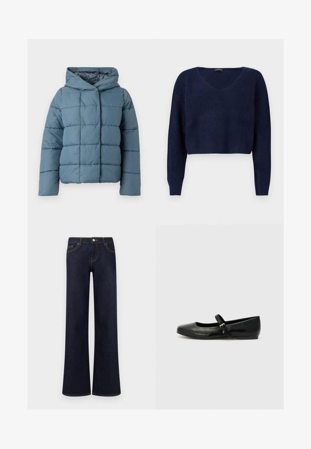 Gepolsterte Kapuzenjacke in sanftem Blau. Mit quadratischem Steppmuster, vorderem Druckknopfverschluss und langen Ärmeln. Hergestellt aus leichtem, isolierendem Material.; Marineblauer, kurz geschnittener Pullover mit V-Ausschnitt, langen Ärmeln und strukturiertem Strickmuster. Für eine lockere Passform konzipiert.; Dunkelblaue Denim-Jeans mit weiter Beinform, vorne Taschen, Knopf- und Reißverschluss sowie sichtbaren Kontrastnähten.; Schwarze Leder-Ballerinas mit einer runden Spitze, einer flachen Sohle und einem dünnen, verstellbaren Riemen über dem Spann mit einer Metallschnalle.