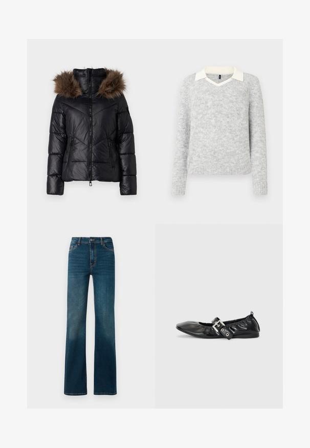 Doudoune noire avec fermeture éclair sur le devant, présentant une capuche en fausse fourrure marron foncé, des poches zippées sur le côté et un motif matelassé.; Pull en tricot gris clair à manches longues avec détails d'un col V blanc, ourlets et poignets côtelés, présenté sur un fond blanc.; Jeans bleu marine taille haute avec une coupe droite. Fabriqués en denim, avec des coutures contrastées et un classique design à cinq poches.; Chaussure plate en cuir noir avec un nez pointu, des détails froncés autour de l'ouverture et un accent en boucle argentée sur la bride ajustable.