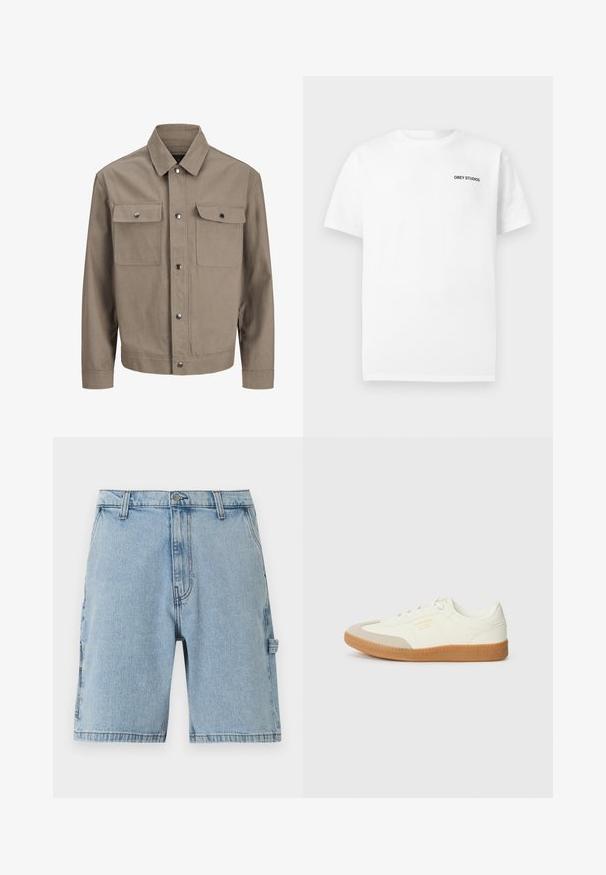 Beige jakke med lange ærmer, frontlukning med knapper, spids krave og to brystlommer med flapper og trykknapper.; Hvid T-shirt med korte ærmer og teksten "OBEY STUDIOS" trykt i sort på den øverste venstre bryst.; Lyseblå denimshorts med frontknap, bæltestropper, sidelommer og en lille løkke detalje på højre ben.; Sneaker lavet af hvid læder med en beige tåhætte og let brunt gummisål. Har flade hvide snørebånd og prægede branding på siden.