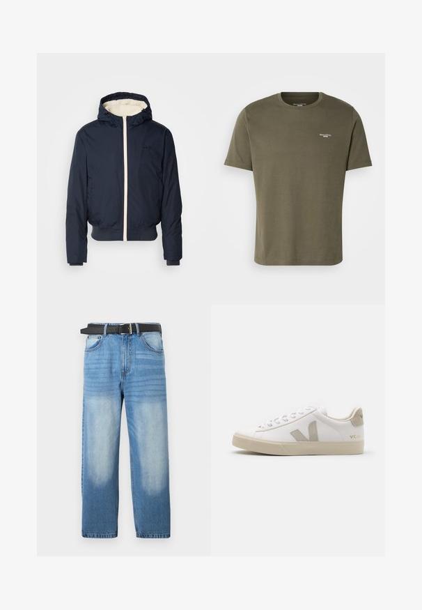 Marineblaue Steppjacke mit Kapuze, ausgestattet mit einem cremefarbenen Reißverschluss und einem Kragenfutter, elastischen Bündchen und einem gerippten Saum. Schwarzes Logo auf der Brust.; Olivgrünes Baumwoll-T-Shirt mit kurzen Ärmeln, Rundhalsausschnitt und kleinem weißen Logo auf der Brust. Glatte Textur und lässige Passform.; Hellblaue Denim-Jeans mit geradem Bein, ausgestattet mit einem schwarzen Gürtel, ausgewaschenen Stellen und subtiler diagonaler Textur im oberen Bereich.; Weiße Ledersneaker mit beigen Akzenten, flacher Gummisohle, runder Zehenpartie und kontrastierendem Logo an der Seite und Rückseite. Mit Schnürdesign.