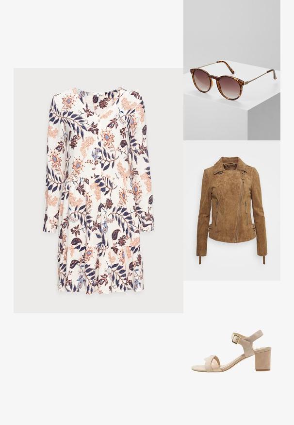 Chaqueta de ante marrón con un diseño ajustado, cierre frontal con cremallera, bolsillos laterales y detalles decorativos con hebillas en los puños. Acabado texturizado en toda la prenda.; TOM TAILOR DRESS WITH FLOUNCE - Vestido informal - white; Sandal de tacón alto de ante beige con un diseño de tiras cruzadas, hebilla ajustable en el tobillo y un tacón cuadrado de 3 pulgadas. Textura suave y acentos pulidos.; Gafas de sol de carey con lentes degradados y finos acentos de metal dorado. Presenta montura redondeada y patillas elegantes para un aspecto moderno.