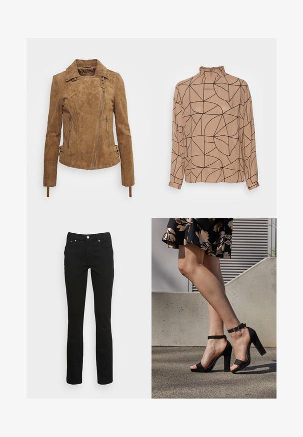 Chaqueta de ante marrón con un diseño ajustado, cierre frontal con cremallera, bolsillos laterales y detalles decorativos con hebillas en los puños. Acabado texturizado en toda la prenda.; Blusa beige de manga larga con cuello alto y volantes. Presenta un patrón geométrico de líneas negras, tela suave y puños abotonados.; Jeans negros ajustados con botón frontal y cremallera, que cuentan con dos bolsillos delanteros y trabillas para cinturón sobre un fondo blanco liso.; Sandalias de tacón alto de ante negro con una correa en el tobillo y hebilla, diseño de punta abierta y tacón ancho. Textura suave y estilo minimalista.
