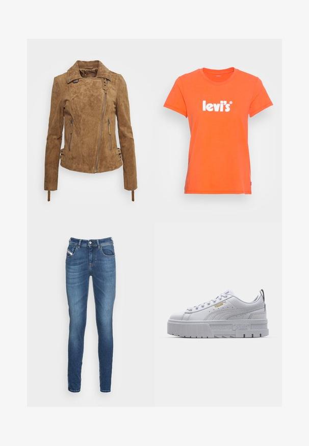 Chaqueta de ante marrón con un diseño ajustado, cierre frontal con cremallera, bolsillos laterales y detalles decorativos con hebillas en los puños. Acabado texturizado en toda la prenda.; Camiseta de algodón naranja de manga corta con un logo blanco de "levi's". Diseño clásico de cuello redondo con un ajuste estándar y textura suave.; Jeans ajustados de mezclilla azul oscuro, con un diseño clásico de cinco bolsillos, cierre de botón y detalles de costura sutiles a lo largo de los bolsillos.; Zapatillas de plataforma blancas con parte superior de cuero suave, cuello acolchado, suela de goma gris y detalles dorados que presentan el logo de Puma.