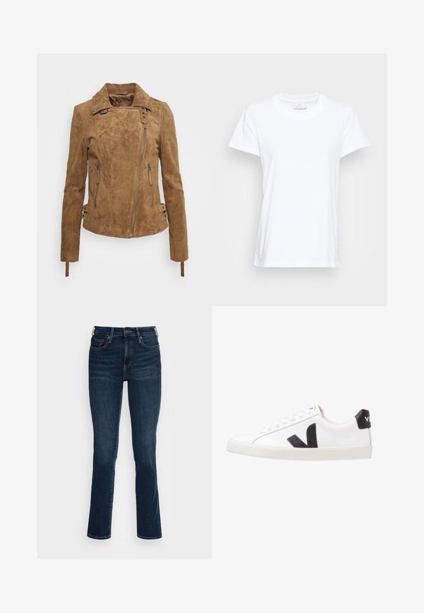 Brun ruskindjakke med et tætsiddende design, lynlås foran, sidelommer og dekorative spændeaccenter på ærmekanterne. Struktureret finish overalt.; Hvid kortærmet t-shirt lavet af blød bomuld. Har en rund halsudskæring og en let løs pasform med sideslidser for ekstra komfort.; Mørkeblå denimjeans med en tætsiddende design, høj talje, lige ben og kobberhardware accenter. Glat tekstur med minimal falmning.; Hvide sneakers med et sort V-logo, der har en glat læderoverdel, rund tå, snørrelukning og en kontrasterende sort hælflap.