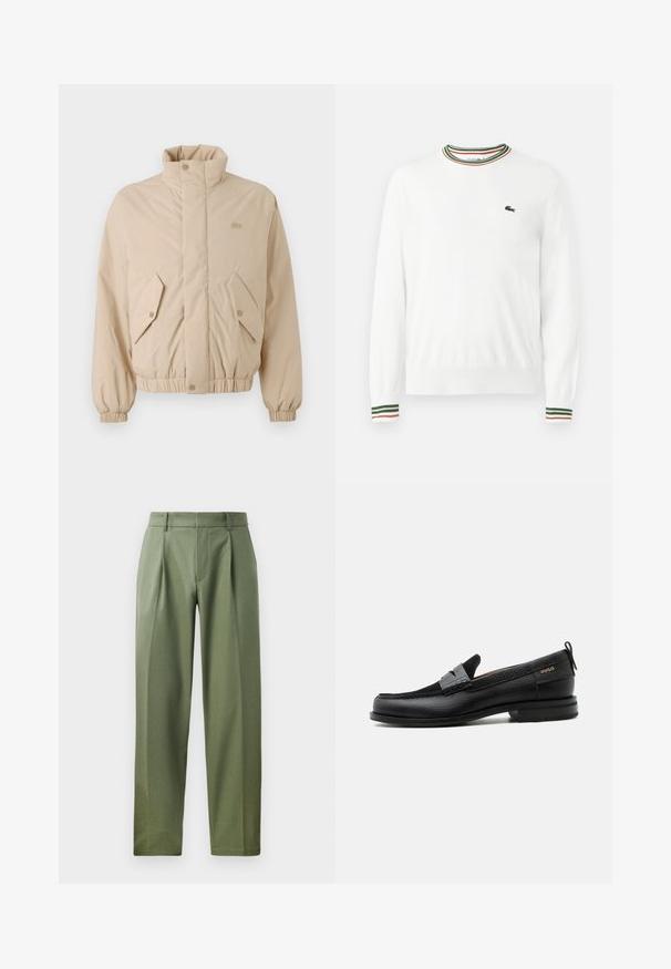 Veste matelassée beige avec un col haut, des poignets élastiques et deux poches avant angulaires. Présente le logo de la marque brodé dans une couleur assortie.; Pull blanc à col rond, avec des accents rayés verts, rouges et oranges sur le col et les manches. Logo Lacoste sur la poitrine.; Pantalons sur mesure en tissu vert olive avec une texture lisse, présentant deux plis avant, des passants de ceinture et une coupe droite.; Mocassin en cuir noir avec détail de bride grise, talon bas et semelle texturée, marqué "HUGO" en or sur le côté.