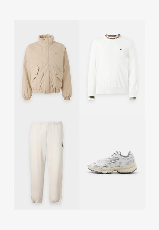 Beige gewatteerde jas met een hoge kraag, elastische manchetten en twee schuine voorzakken. Bevat het merklogo in bijpassende kleur geborduurd.; Witte trui met ronde hals, voorzien van groene, rode en oranje gestreepte accenten op de kraag en mouwen. Lacoste-logo op de borst.; Lichtbeige sweatpants van katoen, met een elastische tailleband, geribde boorden en een groen logo met een bladerenontwerp op het linkerpand.; Witte sportieve schoenen met grijze accenten, bovenwerk van mesh en synthetisch materiaal, vetersluiting en een geprofileerde rubberen zool met looppatronen.
