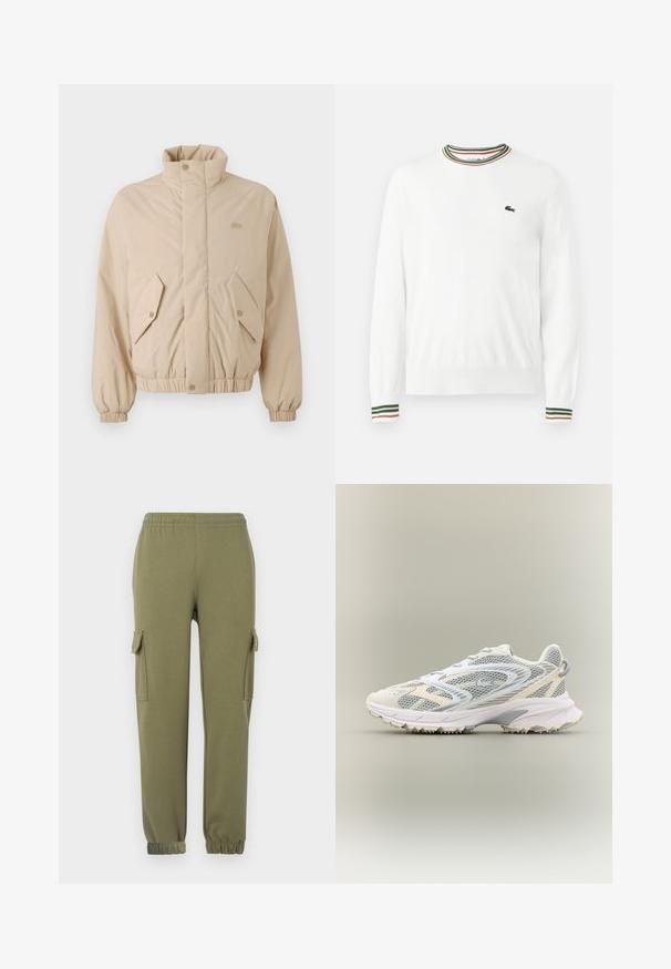 Beige polstret jakke med høj krave, elastiske manchetter og to skrå frontlommer. Har brandlogo broderet i matchende farve.; Hvid sweater med rund hals, prydet med grønne, røde og orange striber på kraven og ærmerne. Lacoste-logo på brystet.; Cargo bukser i olivengrønt letvægtsstof, med sidelommer, elastisk talje og taperede manchetter for en tætsiddende pasform.; Hvid atletiksko med grå mesh-paneler, teksturerede overlejringer, en polstret krave og en gummisål med små grebspidser.
