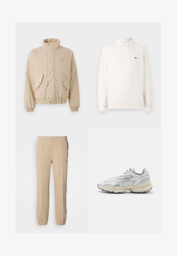 Beige polstret jakke med høj krave, elastiske manchetter og to skrå frontlommer. Har brandlogo broderet i matchende farve.; Langærmet polo skjorte i lys cremefarve i struktureret strik, med en tre-knaps lukning og et grønt broderet logo på brystet.; Lacoste Træningsbukser - viennese; Hvide sportssko med grå detaljer, overdel i mesh og syntetiske materialer, snørebåndsdesign og tekstureret gummisål med grebemønstre.
