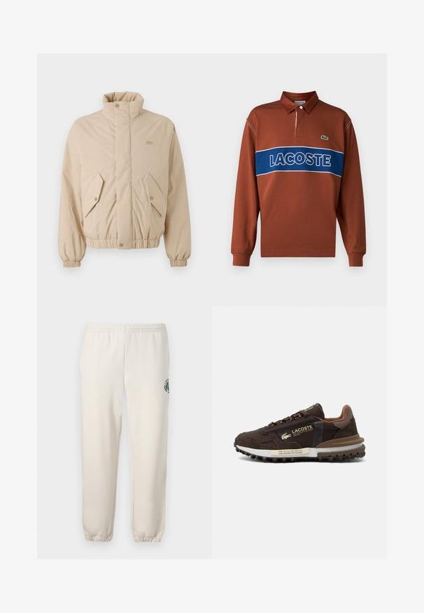 Beige polstret jakke med høj krave, elastiske manchetter og to skrå frontlommer. Har brandlogo broderet i matchende farve.; Langærmet polo shirt i rustbrun med en blå vandret stribe, der har hvid "LACOSTE" tekst. Indeholder en krave og grøn logo detalje.; Lys beige sweatpants lavet af bomuld, med elastisk talje, ribbede mansjetter og et grønt logo med bladdesign på venstre ben.; Brun Lacoste sneaker med blandet ruskind og stof, struktureret sål, logo og trykt tekst på siden og mellemsålen.
