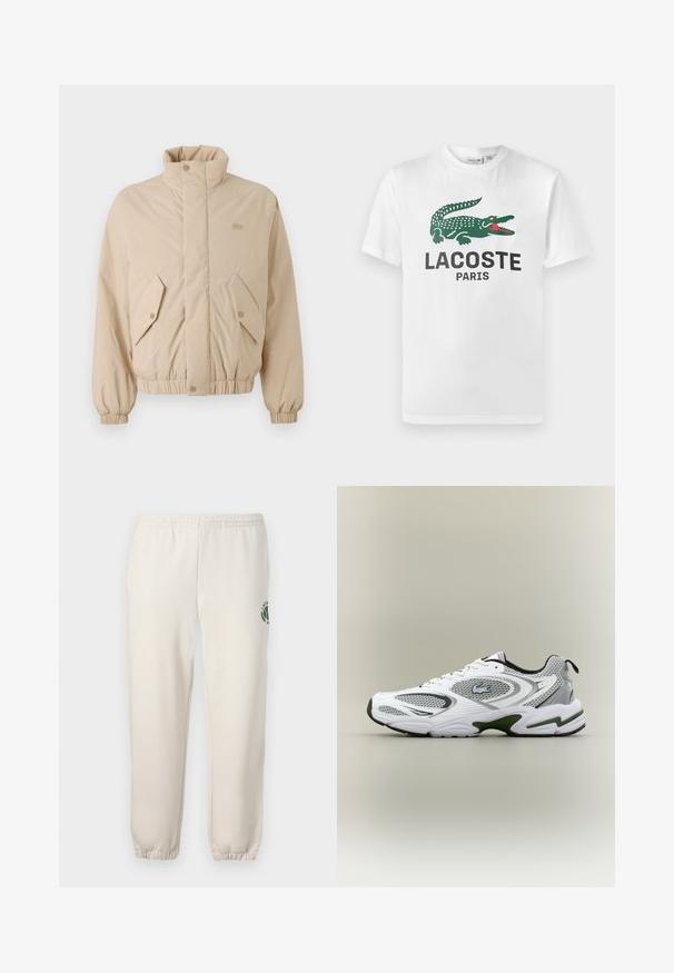 Beige polstret jakke med høj krave, elastiske manchetter og to skrå frontlommer. Har brandlogo broderet i matchende farve.; Lacoste T-shirts print - white; Lys beige sweatpants lavet af bomuld, med elastisk talje, ribbede mansjetter og et grønt logo med bladdesign på venstre ben.; Hvid og grå sporty løbesko med mesh-paneler, grønne detaljer, sorte elementer og et logo på siden, vist fra ydersiden.