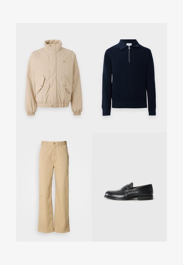 Beige gewatteerde jas met een hoge kraag, elastische manchetten en twee schuine voorzakken. Bevat het merklogo in bijpassende kleur geborduurd.; Marine gebreide pullover met een ritskraag, geribbelde textuur, lange mouwen en een klein geborduurd logo op de linkerkant van de borst.; Beige, wijde broek gemaakt van een katoenmix. Voorzien van een knoopsluiting en riemlussen. Soepele textuur, met minimale stikseldetails.; Zwarte leren instappers met een ronde neus, gestikte details en een vlakke rubberen zool. Heeft een brede band over de wreef.