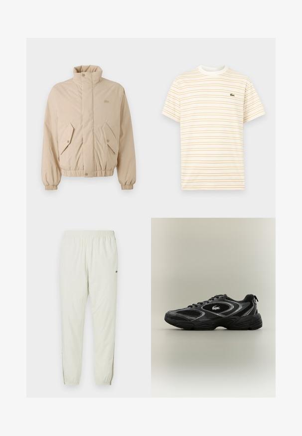 Beige polstret jakke med høj krave, elastiske manchetter og to skrå frontlommer. Har brandlogo broderet i matchende farve.; Kortærmet T-shirt med rund hals og tynde horisontale beige striber på en hvid baggrund, med en lille grøn krokodillelogo på brystet.; Creme letvægts joggere med elastisk talje, manchetter ved anklerne, sideåbninger og et lille grønt logo på den øverste lår.; Sort og grå atletisk sneaker med mesh-paneler, snørebåndsdesign, tyk sål og et lille krokodillelogo på siden.
